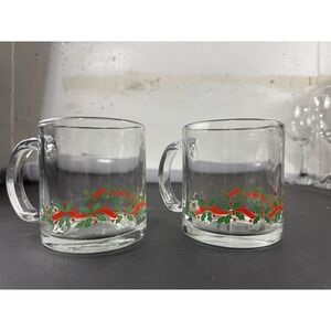Holly‎ berry with ribbon glass holiday mugs cups set of 2